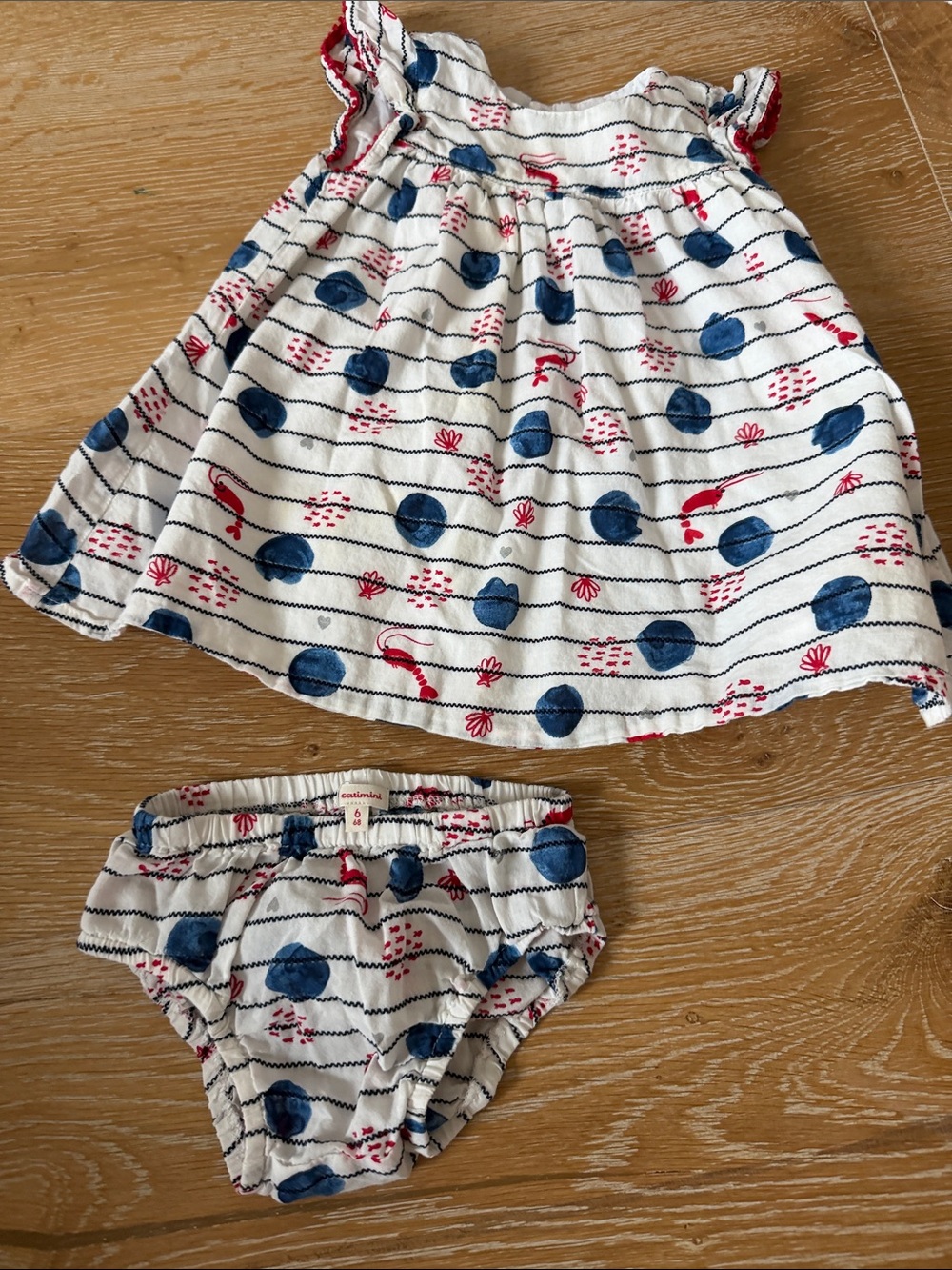 Catimini  Baby Girls White Navy Polka Dot Dress & Bloomer Set